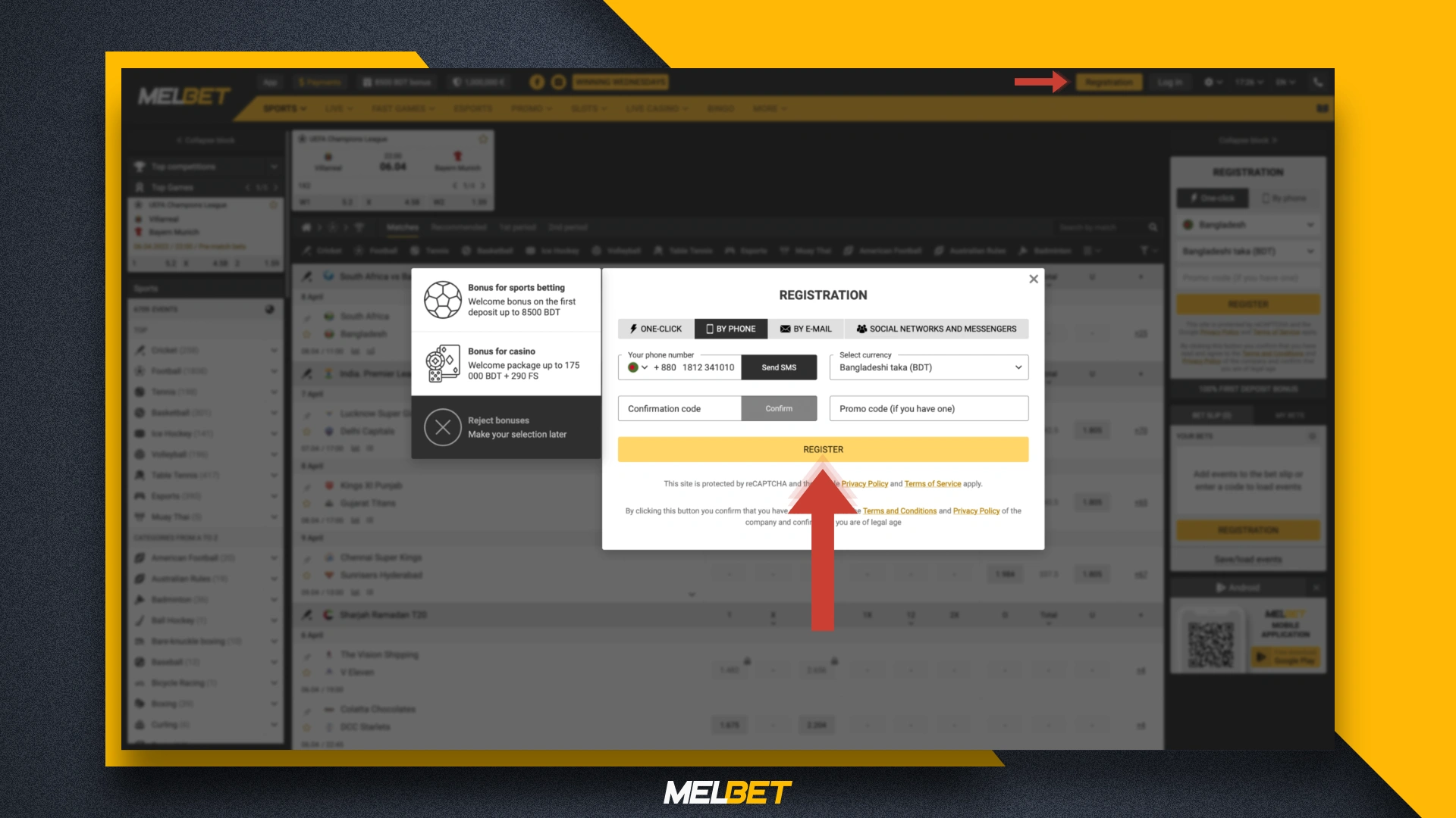 Registration process at Melbet casino