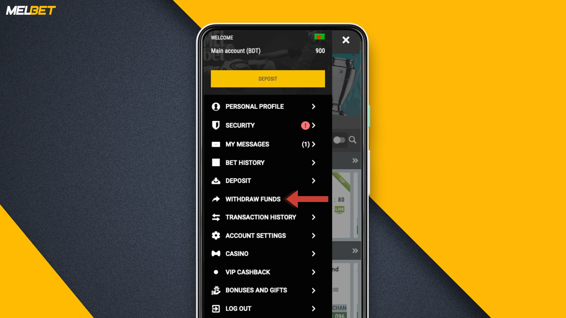 Go to the banking menu on the website or in the Melbet app
