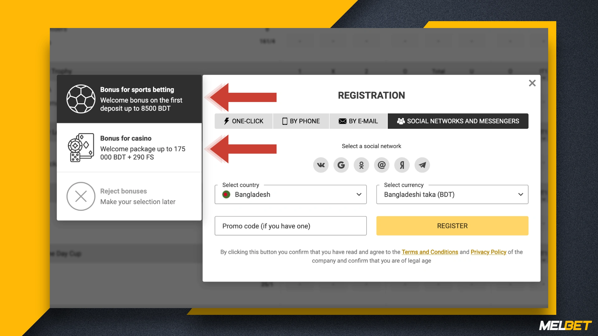 Bonus options available to new Melbet players for their first deposit