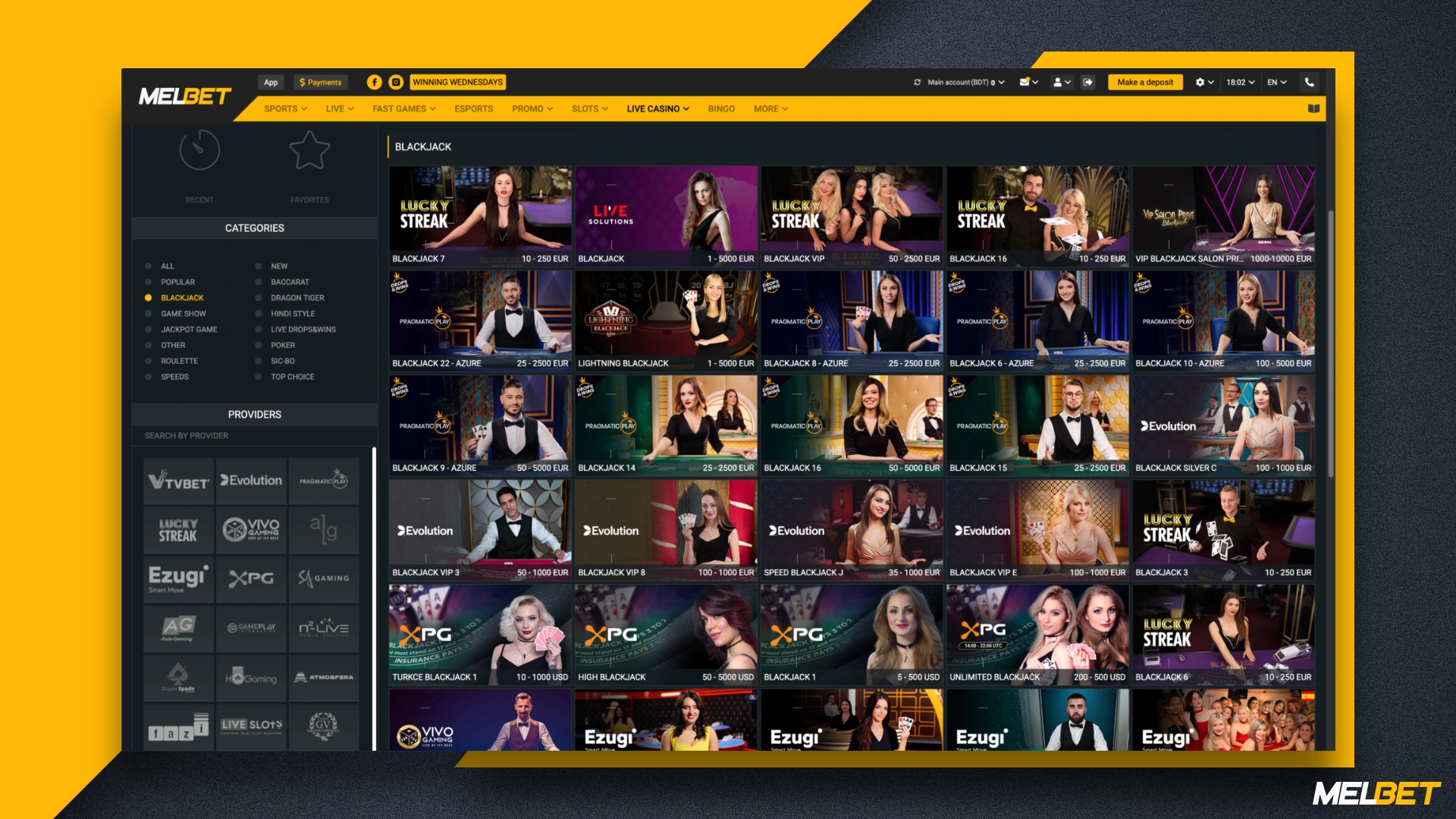 For fans of the classic card games at Melbet Live Casino there is a Blackjack section, which should certainly interest you