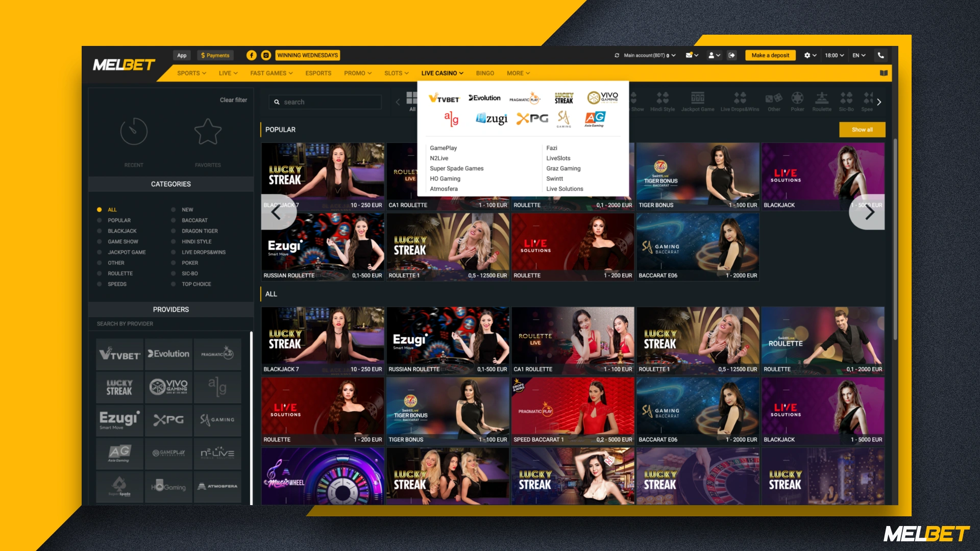 Melbet Live casino will give you the opportunity to feel like a real casino, because you will be playing with real croupiers