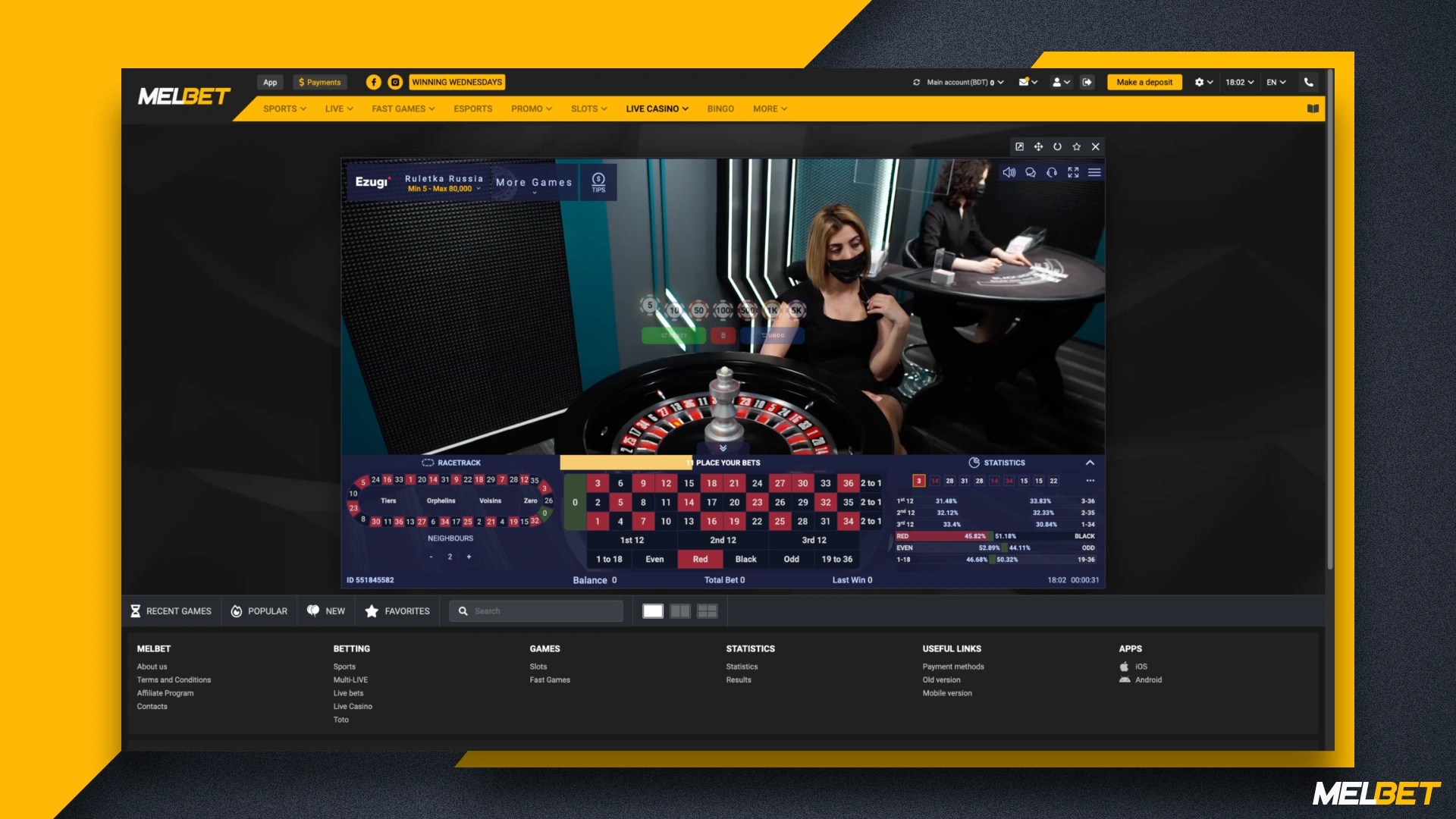 The roulette section of Melbet live casino has a wide variety of choices, including Russian and American roulette