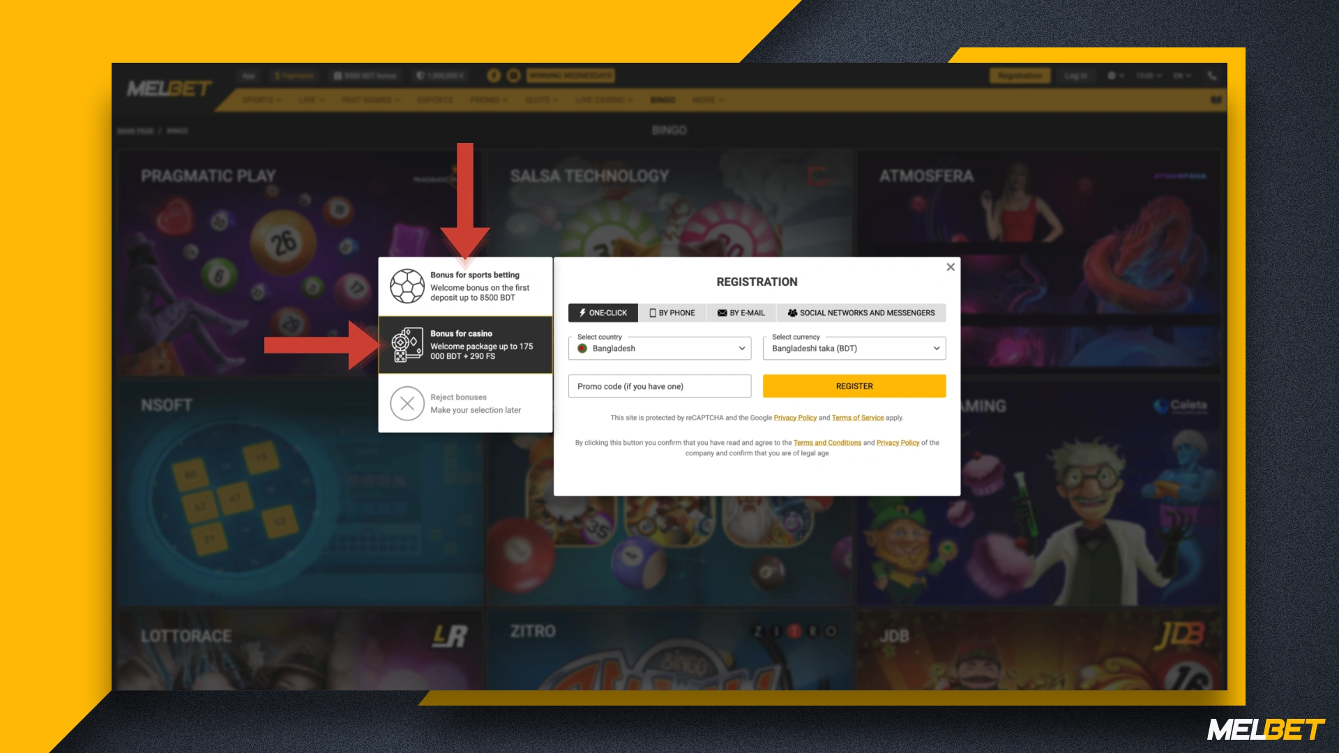 There are two sign-up bonuses to choose from at Melbet: a sports bonus and a casino bonus