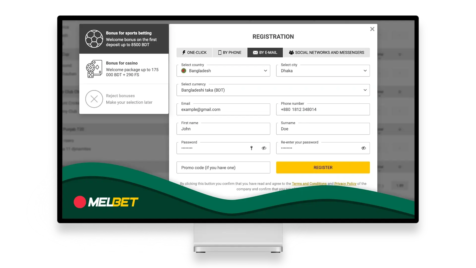 New user registration form on the Melbet Bangladesh website