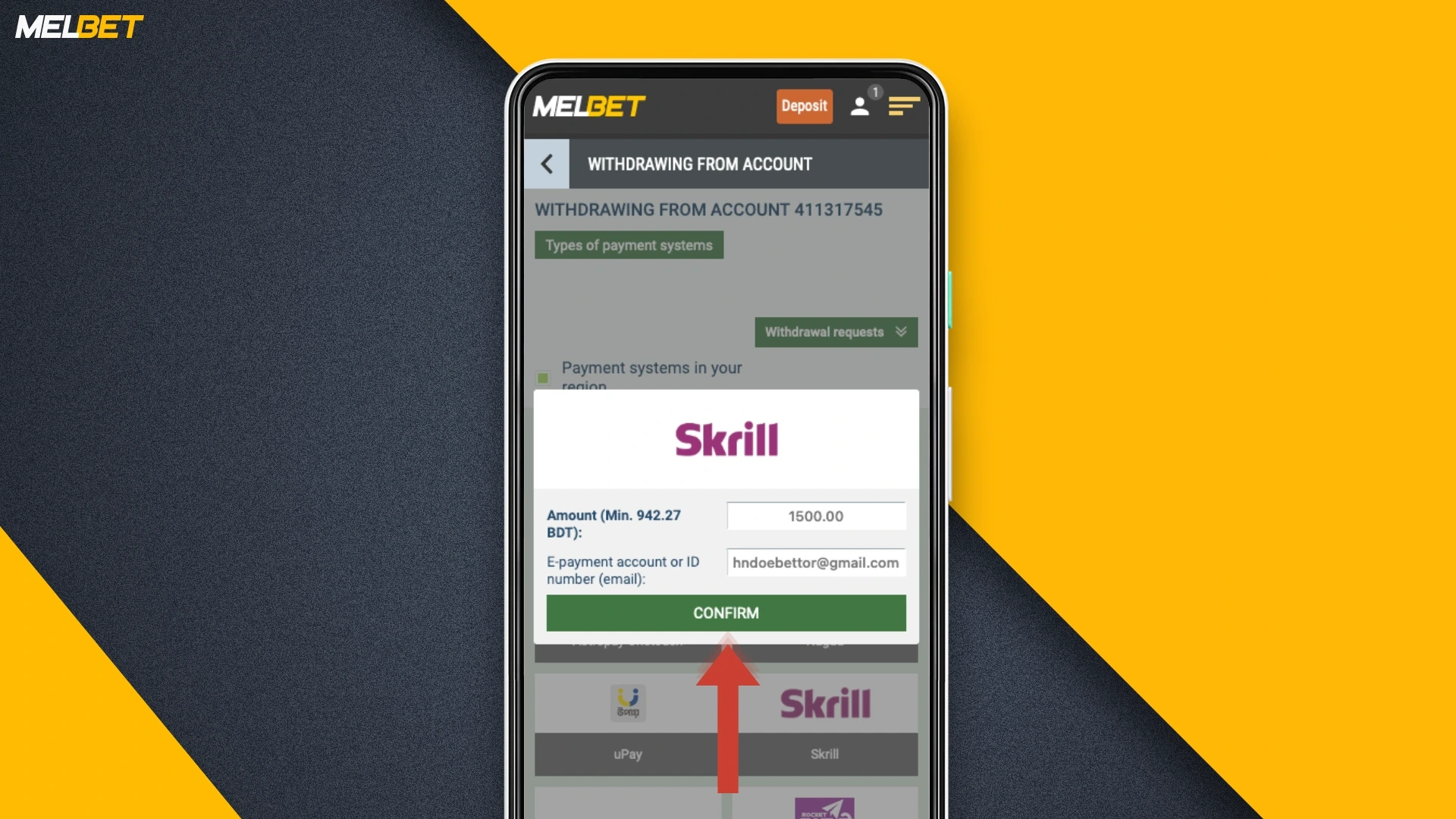 Confirm the withdrawal of your winnings from Melbet, this can be done both through the app and the web version